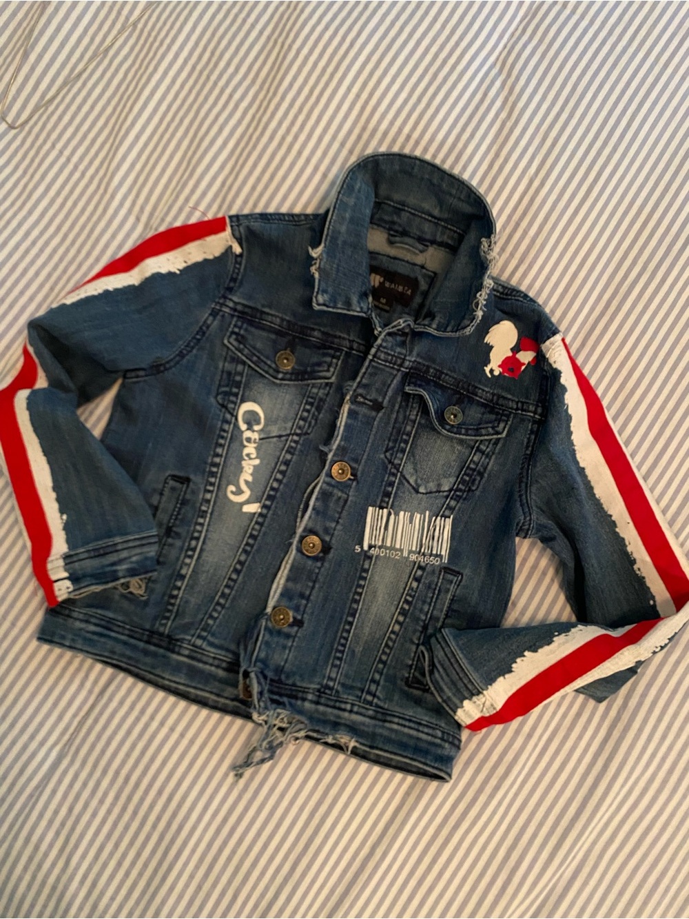 Waimea Kids Denim Jacket with Red and White Paint Stripe Detailing. M